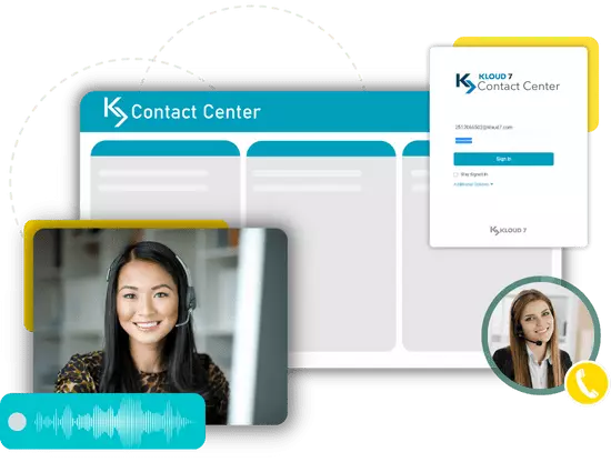 Kloud 7 contact center log in screen with photo of a call center agent.
