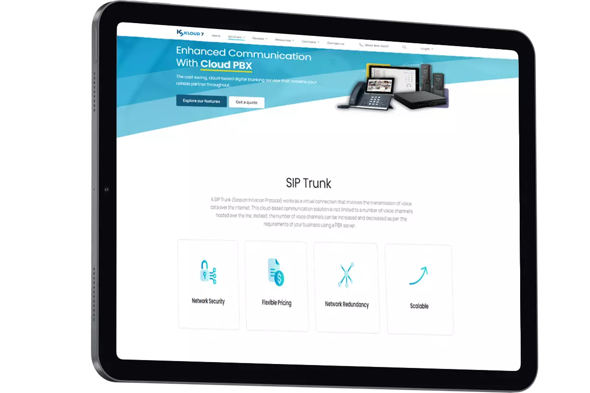 image of a tablet with the SIP Trunking page opened on kloud7.com